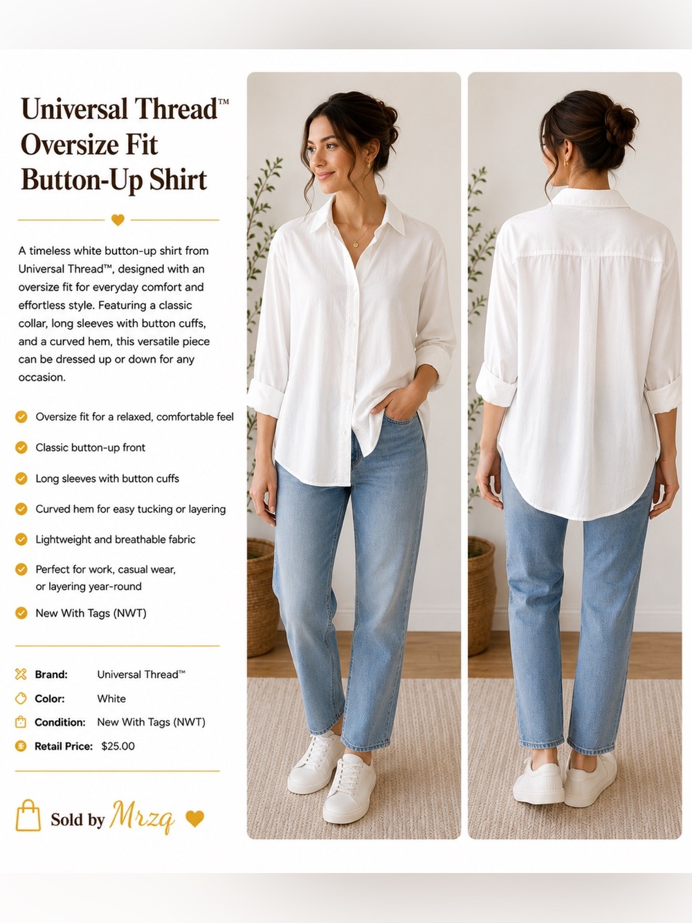 Universal Thread White Classic Button-Up Shirt